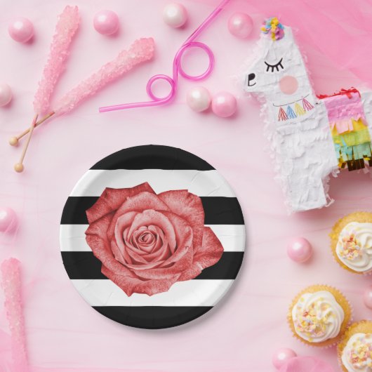 レッドローズモダン白黒ウェディングストライプのパーティー ペーパープレート (パーティー)