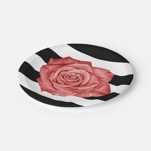 レッドローズモダン白黒ウェディングストライプのパーティー ペーパープレート (アングル)