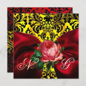 レッドローズリボン金ゴールドイエローブラックダマスクモノグラム 招待状 (正面/裏面)