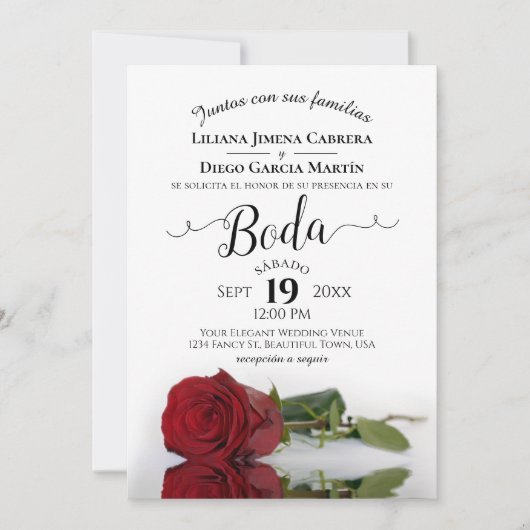 レッドローズロマンスペインのコランゲージボダ結婚ズ 招待状 (正面)