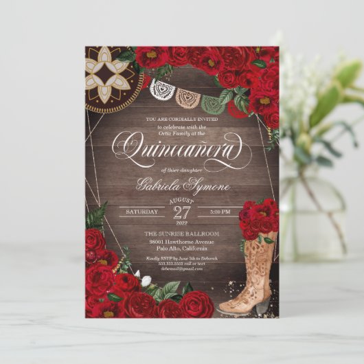 レッドローズ女性のカーボーイブーツウェスタンチャロキンセアニラ 招待状 (スタンド正面)