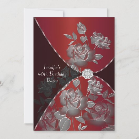 レッドローズ女性40th誕生日パーティの招待状 招待状 (正面)