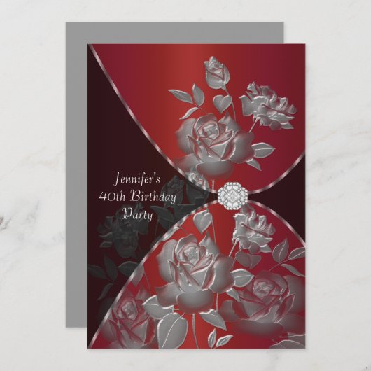 レッドローズ女性40th誕生日パーティの招待状 招待状 (正面/裏面)