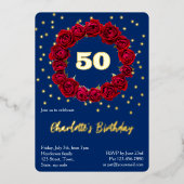 レッドローズ深いブルー背景とグリッター星 箔招待状 (正面)