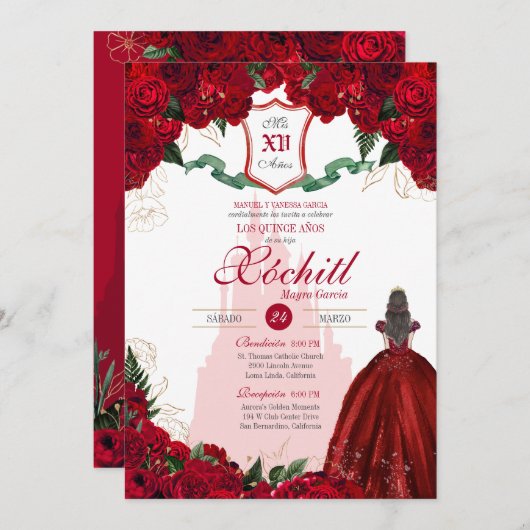 レッドローズ王室のプリンセスエレガントキンセアニェラ 招待状 (正面/裏面)