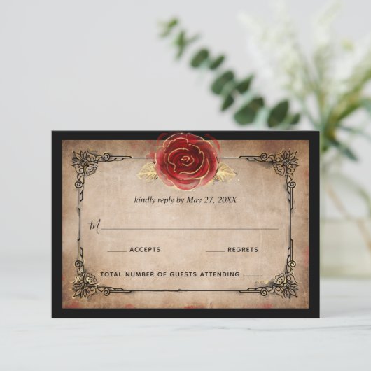 レッドローズ素朴金ゴールドブラックヴィンテージエレガントな結婚式 出欠カード (スタンド正面)