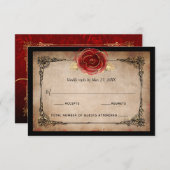 レッドローズ素朴金ゴールドブラックヴィンテージエレガントな結婚式 出欠カード (正面/裏面)