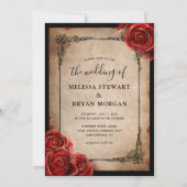 レッドローズ素朴金ゴールドブラックヴィンテージエレガントな結婚式 招待状 (正面)