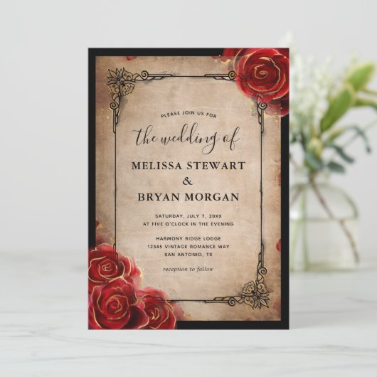 レッドローズ素朴金ゴールドブラックヴィンテージエレガントな結婚式 招待状 (スタンド正面)