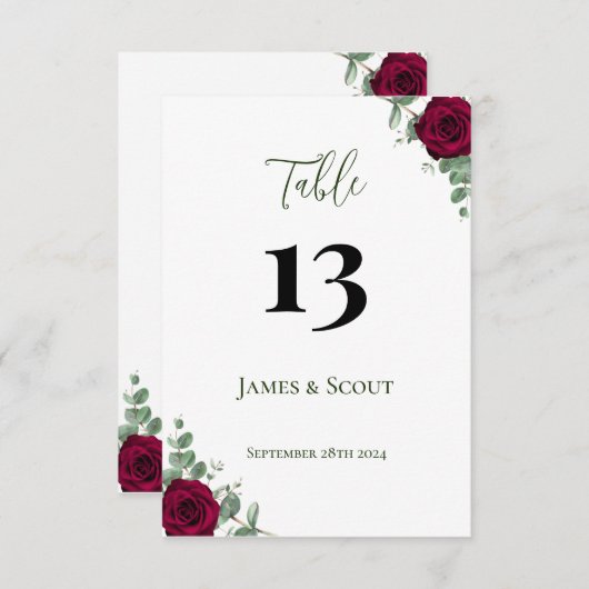 レッドローズ結婚のテーブル番号 招待状 (正面/裏面)