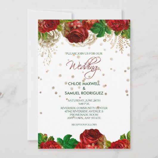レッドローズ縁どフローラ結婚式招待状 招待状 (正面)