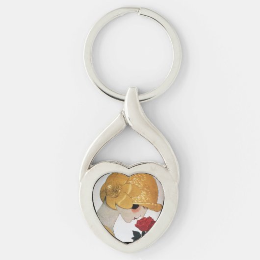 レッドローズ美しいファッションハート付き女性 キーホルダー (正面)