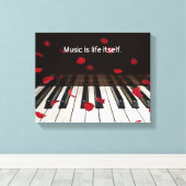 レッドローズ花びらオンピアノ引用文付き キャンバスプリント (インサイチュ (ウッドフロア))