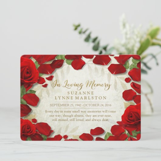 レッドローズ花びら思い出悔やみや弔慰ありがとう サンキューカード (スタンド正面)