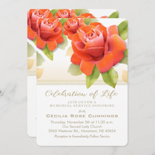 レッドローズ金ゴールドお祝いオブライフメモリアル招待状 招待状 (正面/裏面)