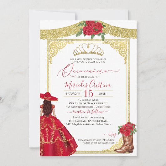 レッドローズ金ゴールドエレガントウエスタンチャロキンセアニェラ 招待状 (正面)