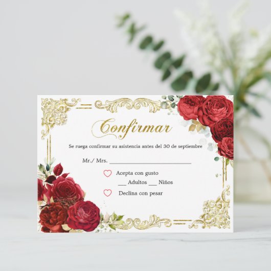 レッドローズ金ゴールドクインセアニラRSVPカード 出欠カード (スタンド正面)