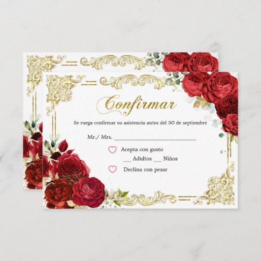 レッドローズ金ゴールドクインセアニラRSVPカード 出欠カード (正面/裏面)