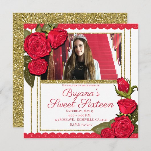 レッドローズ金ゴールドグリッタースウィート16バースデーパーティー 招待状 (正面/裏面)