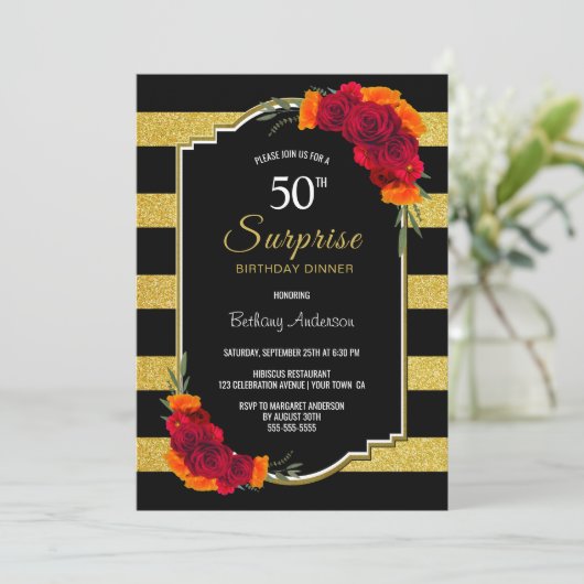 レッドローズ金ゴールドストライプサプライズ50th誕生日ディナー 招待状 (スタンド正面)