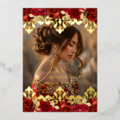 レッドローズ金ゴールドダマスクフローラ写真キンセアニェラ 箔招待状 (正面)