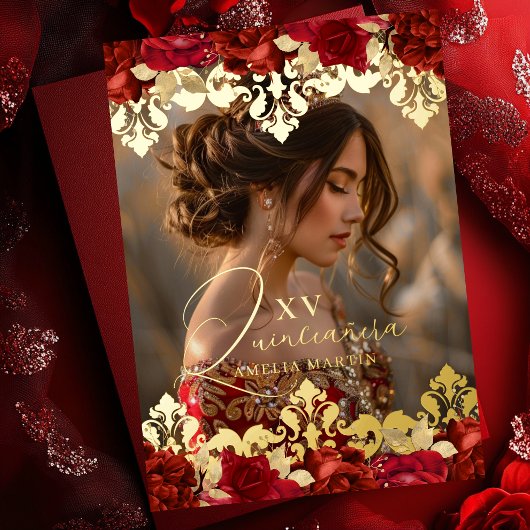 レッドローズ金ゴールドダマスクフローラ写真キンセアニェラ 箔招待状