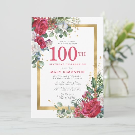 レッドローズ金ゴールドホリー100誕生日 招待状 (スタンド正面)