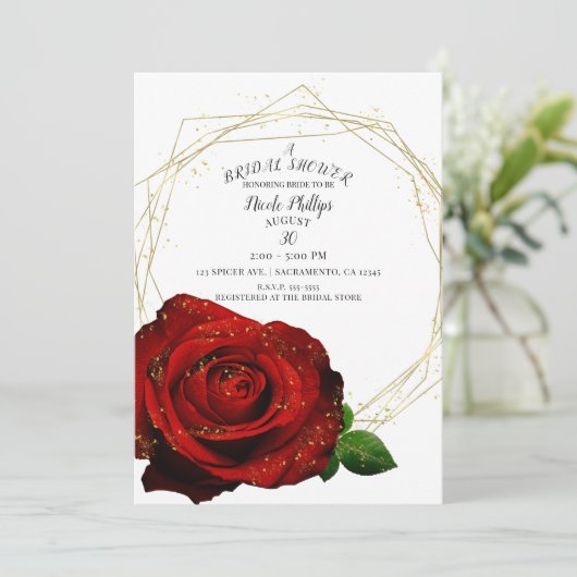 レッドローズ金ゴールド幾何学模様ブライダルシャワー 招待状 (スタンド正面)