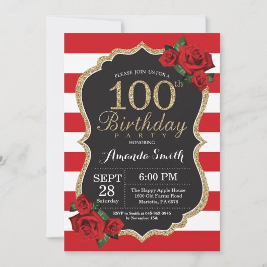レッドローズ100th誕生日招待状金ゴールドグリッター 招待状 (正面)