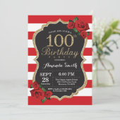 レッドローズ100th誕生日招待状金ゴールドグリッター 招待状 (スタンド正面)