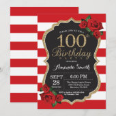 レッドローズ100th誕生日招待状金ゴールドグリッター 招待状 (正面/裏面)