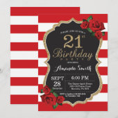 レッドローズ21歳誕生日招待状金ゴールドグリッター 招待状 (正面/裏面)