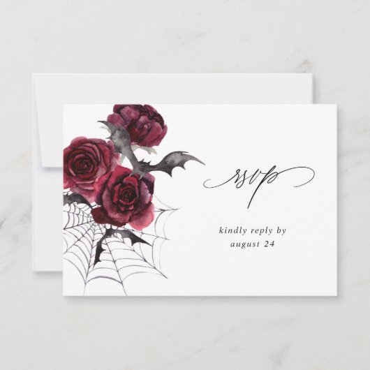 レッドローズ&こうもりハローウィンパーティw食事RSVPホワイト 出欠カード (正面)