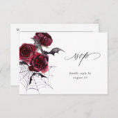 レッドローズ&こうもりハローウィンパーティw食事RSVPホワイト 出欠カード (正面/裏面)