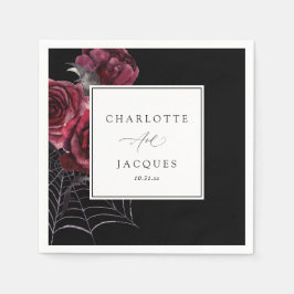 レッドローズ&こうもり結婚ハロウィーン – ブラック スタンダードカクテルナプキン