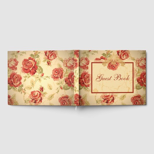 レッドローズ、クリーム、タンアンティークフローラゲストブック ゲストブック (全面)