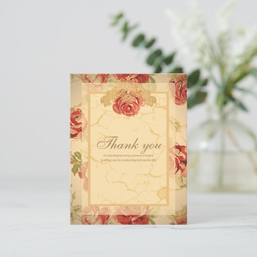 レッドローズ、クリーム、タンアンティークフローラ サンキューカード (スタンド正面)