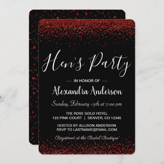 レッドローズ グリッター スパークル ハンズパーティー 招待状 (正面/裏面)