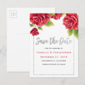 レッドローズ&シルバーグリッターセーブ・ザ・デイト 案内ポストカード (正面/裏面)