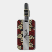 レッドローズ&スカルグレーブラックフローラゴシック ラゲッジタグ (正面縦)
