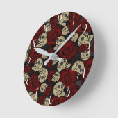 レッドローズ&スカルズグレーブラックフローラゴシック ラウンド壁時計 (傾斜)