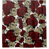 レッドローズ&スカルブラックゴシックホワイトフローラ シャワーカーテン (正面)