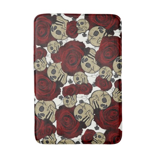 レッドローズ&スカルブラックゴシックホワイトフローラ バスマット (正面縦)