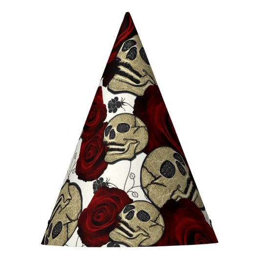 レッドローズ&スカルブラックゴシックホワイトフローラ パーティーハット (正面)