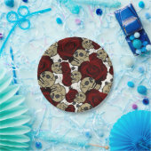 レッドローズ&スカルブラックゴシックホワイトフローラ ペーパープレート (パーティー)