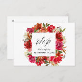 レッドローズ&ピンクフローラと食事RSVP 出欠カード (正面/裏面)