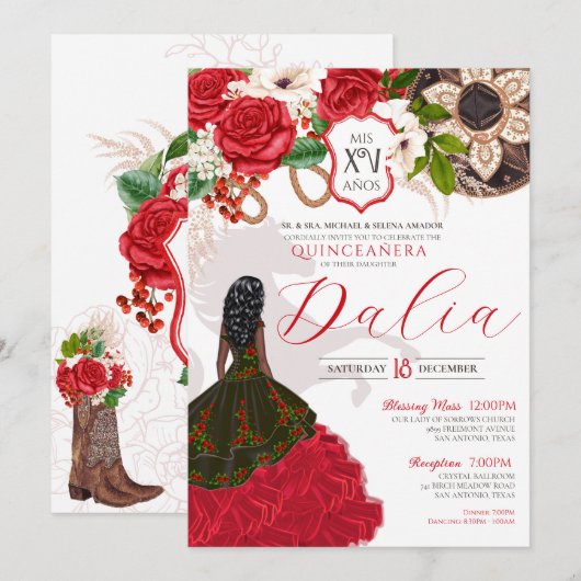 レッドローズ フラワークレスト ウエスタンカウボーイ チャロ キンセ 招待状 (正面/裏面)