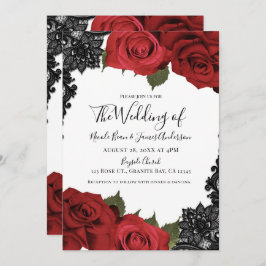 レッドローズ&ブラックレースホワイトシック結婚ズ 招待状
