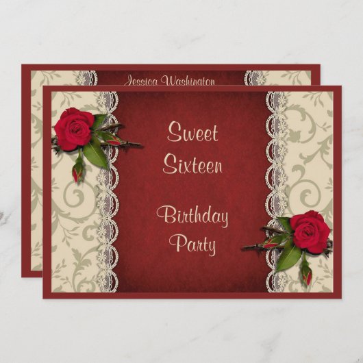 レッドローズ&ホワイトレーススイート16バースデーパーティー 招待状 (正面/裏面)