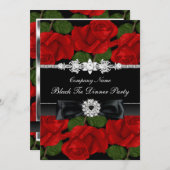 レッドローズ&ボウブラックタイ企業のディナーパーティー 招待状 (正面/裏面)